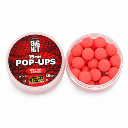 Crafty Catcher Big Hit Spicy Krill & Garlic Pop-ups 15mm 35g — retail packaging.