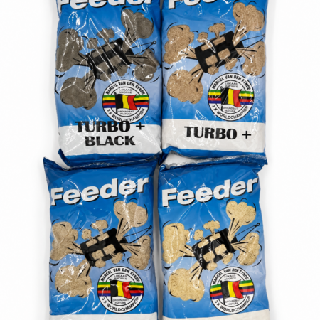 Van Den Eynde Feeder 1kg range – Basic, Bream, Turbo+ and Turbo+ Black — product packaging.
