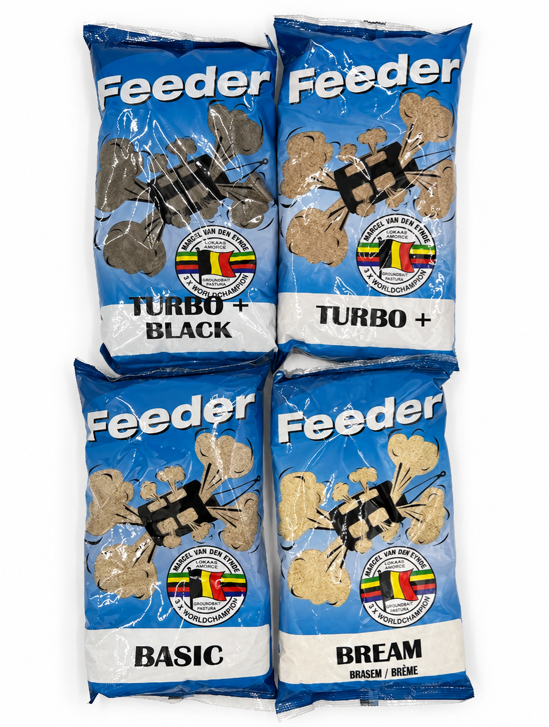 Van Den Eynde Feeder 1kg range – Basic, Bream, Turbo+ and Turbo+ Black Van Den Eynde Feeder 1kg range – Basic, Bream, Turbo+ and Turbo+ Black — product packaging.