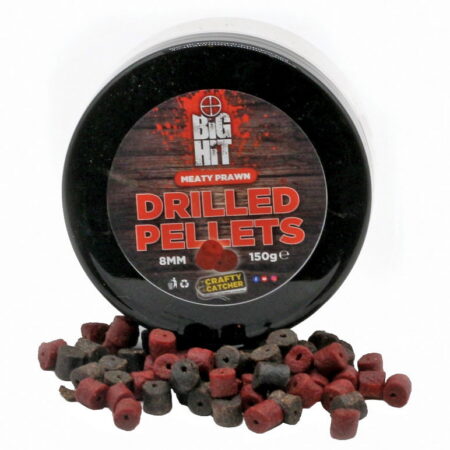 Crafty Catcher Big Hit Barbel Drilled Meaty Prawn Pellets 150g — Meaty Prawn Drilled Pellets 8mm 150g — labelled product packaging.