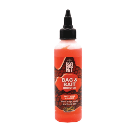 Crafty Catcher Big Hit Bag and Bait Boosters 100ml — Spicy Krill & Garlic — labelled product packaging.