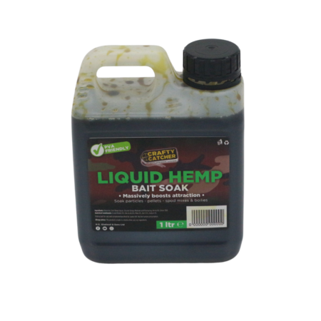 Crafty Catcher Liquid Bait Soaks 1L — Liquid Hemp Soak 1 litre — labelled product packaging.