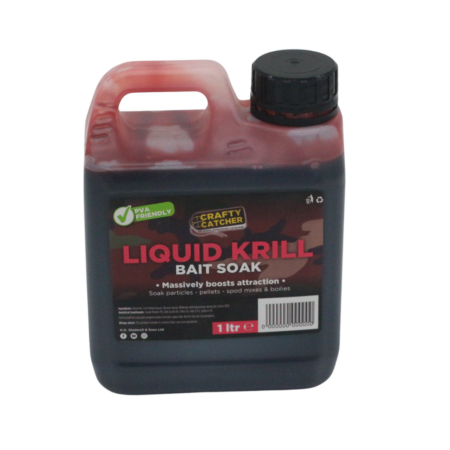 Crafty Catcher Liquid Bait Soaks 1L — Liquid Krill Soak 1 litre — labelled product packaging.